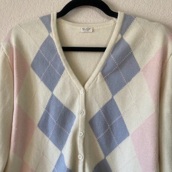JOHN GALT Argyle Pastel Cardigan Sweater Light Academia Soft Girl Coquette L - Picture 6 of 12